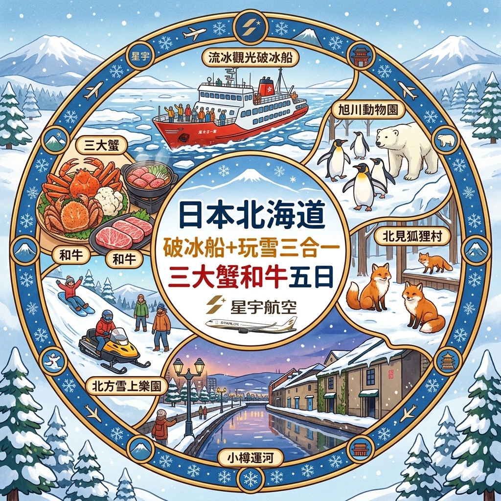 日本北海道破冰船+玩雪三合一三大蟹和牛五日-JX0394
