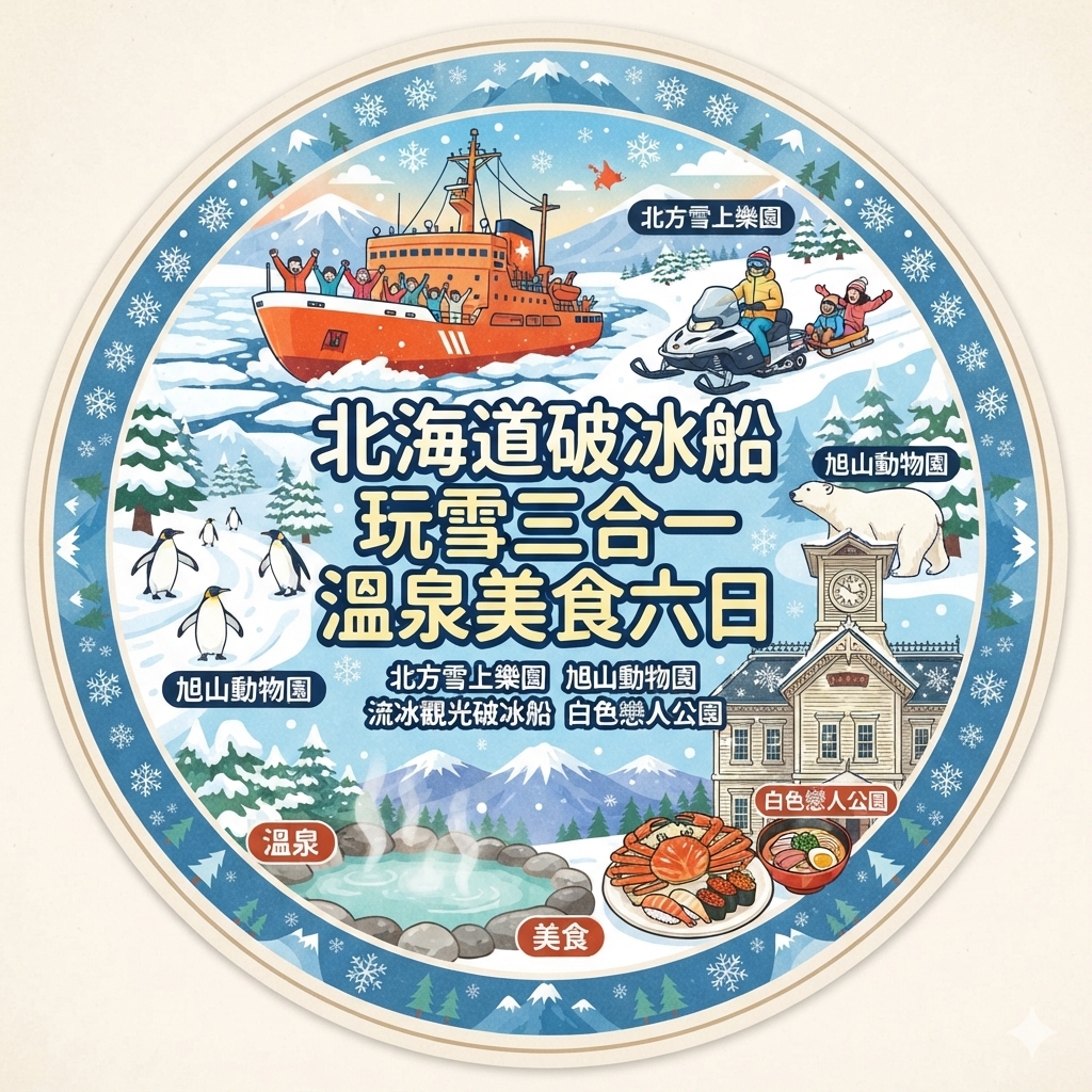 北海道破冰船玩雪三合一溫泉美食六日